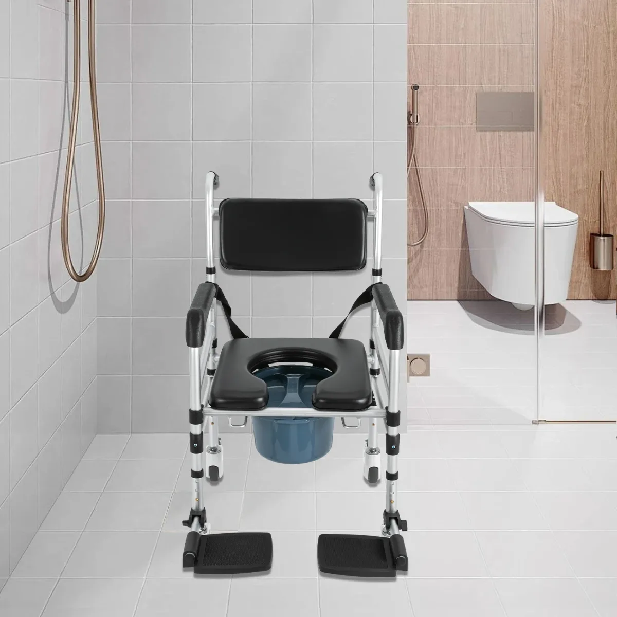 Chaise de douche roulante pliante, hauteur réglable