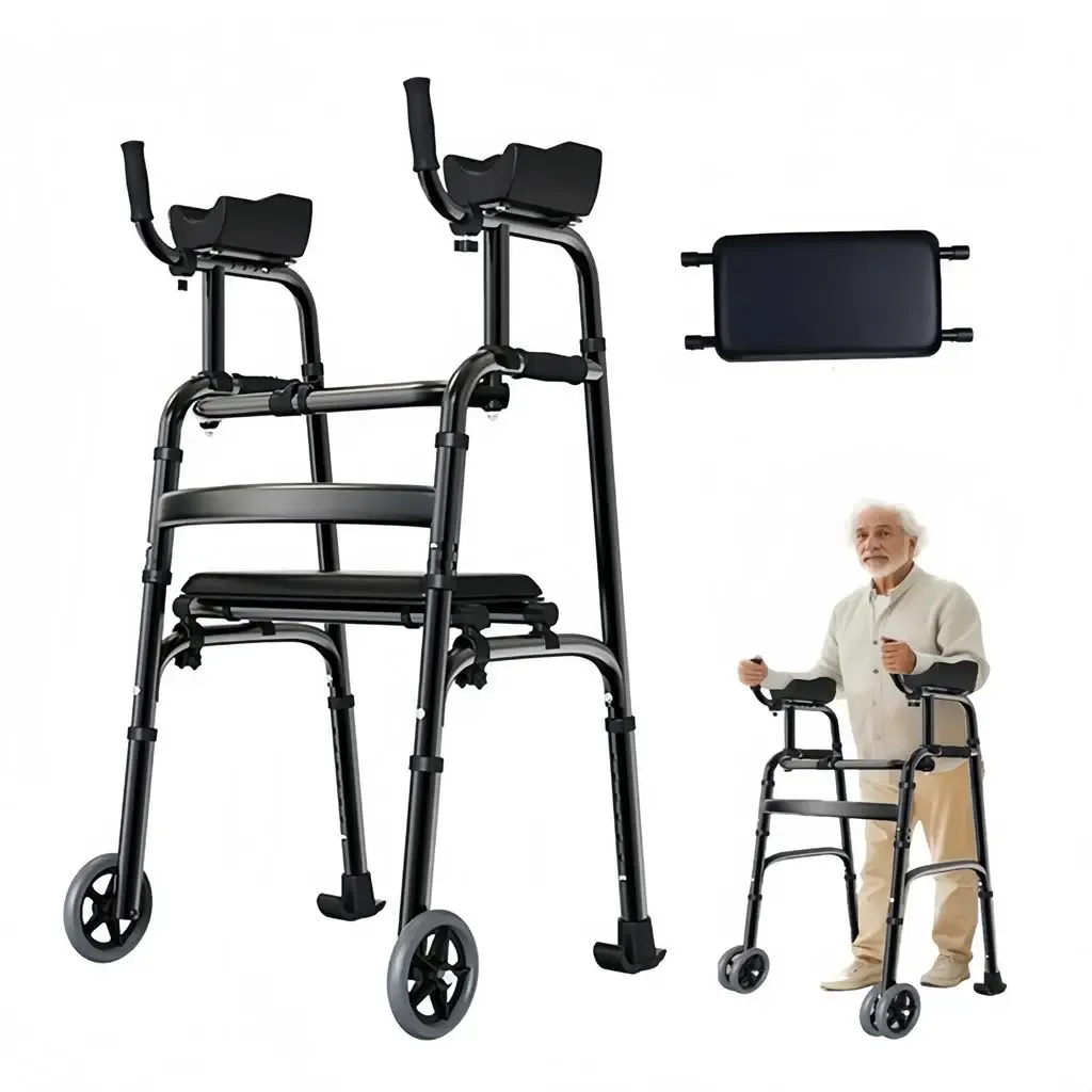 Déambulateur pliable à roulettes avec siège, noir