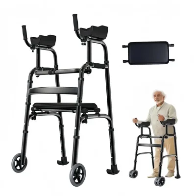 Déambulateur pliable à roulettes avec siège, noir
