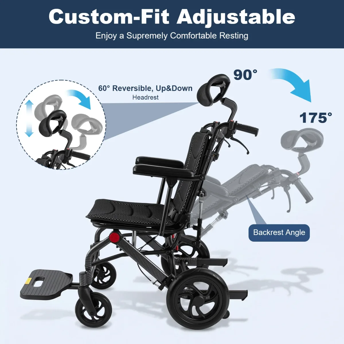 Fauteuil roulant pliable et inclinable, noir