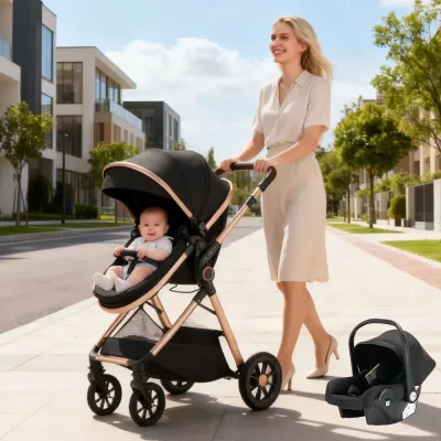 Poussette 3-en-1 pliable en lin avec sac à langer